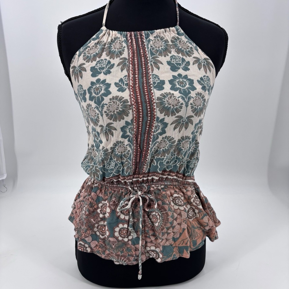KENDALL & KYLIE Floral Boho Halter Top Small Ruffle Peplum Indie artsy festival‎